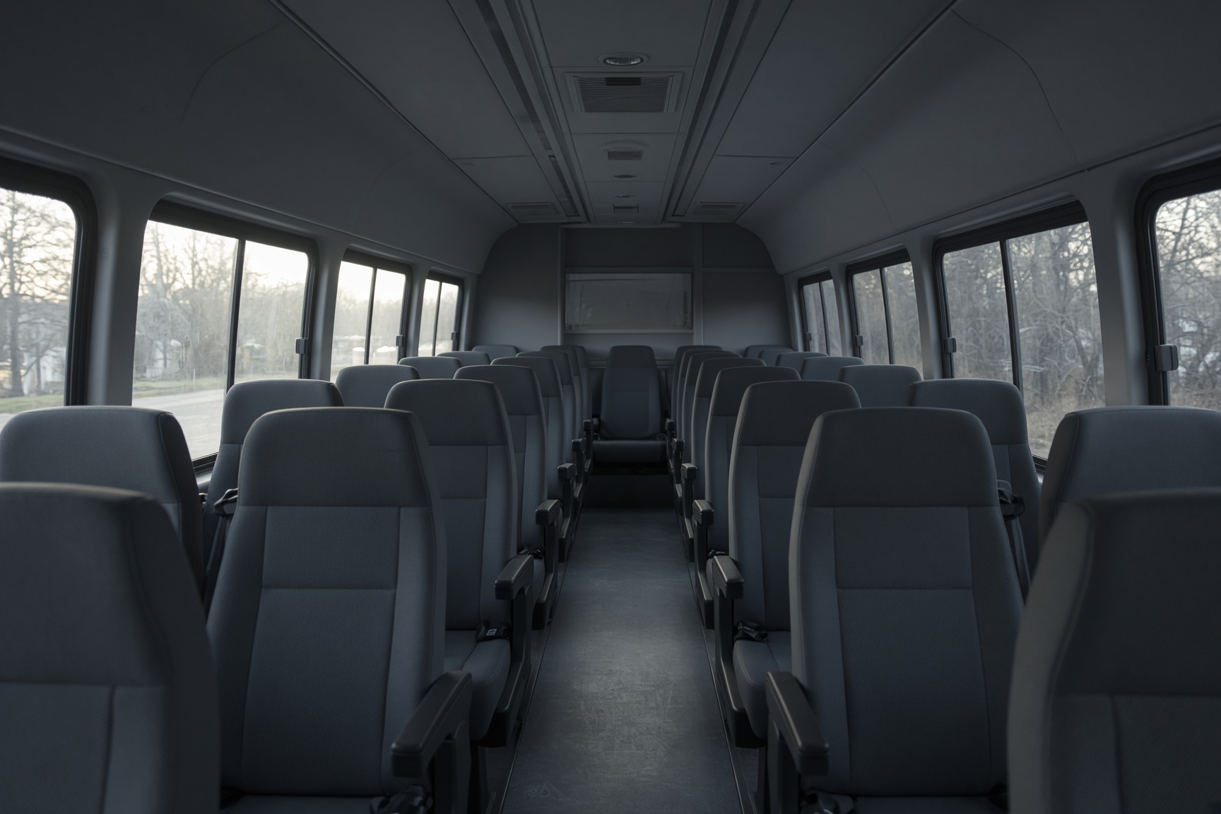 Aisle view inside a 12-passenger van