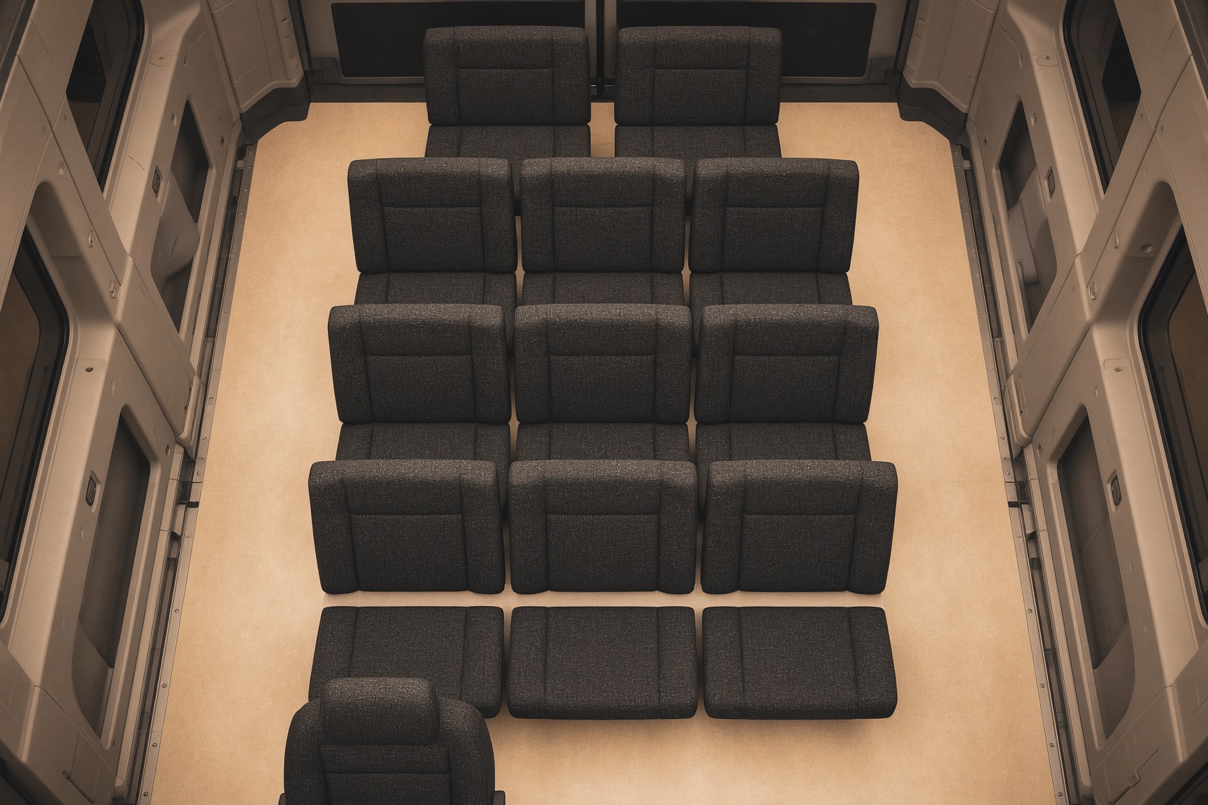 Overhead view of a 12-passenger van rental cabin, twelve seats in five rows